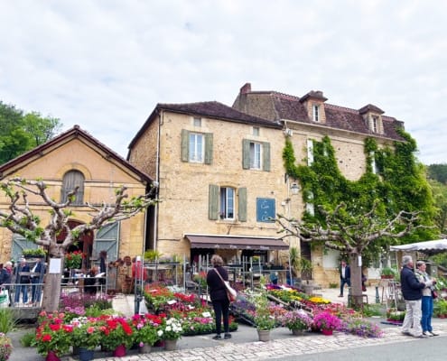 View of cafe at Cadouin flower market